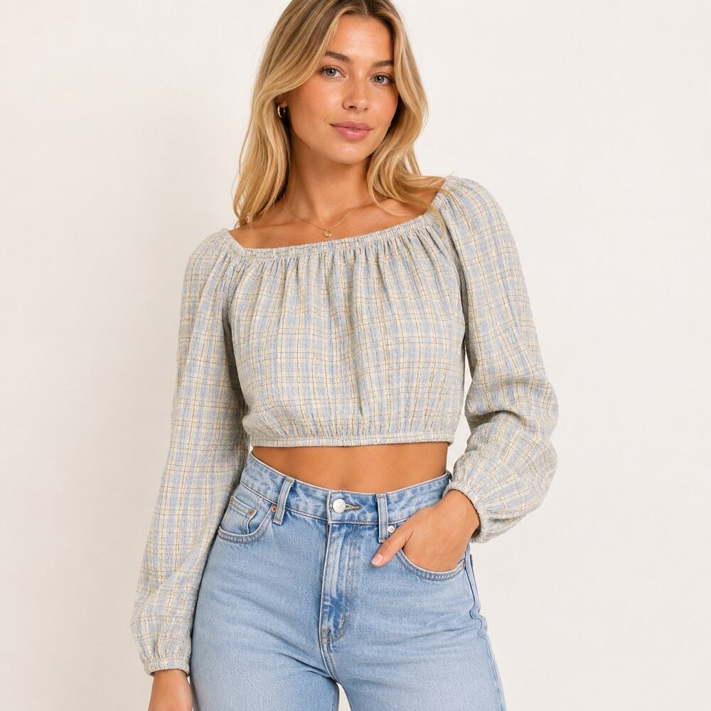 Aerie Pastel Plaid Off Shoulder Cropped Balloon Sleeve Top. women S